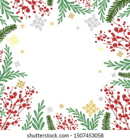 Winter frame with rowan, fir tree branches and snowflakes vector cartoon background.