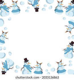 Winter frame with smiling snowmen and snowballs. Merry festive border, new year decorations. Winter and festive background with empty place for text