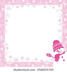 Winter Frame with Snowflakes, Cute Snowman. Beautiful Holiday Background. Christmas Greeting Card Template. Free Space for Your Text. Vector Illustration in Pink, White