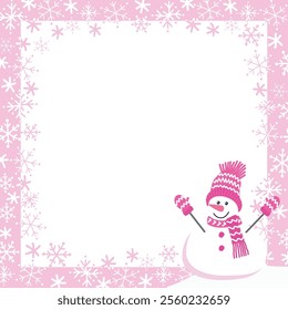 Winter Frame with Snowflakes, Cute Snowman. Beautiful Square Holiday Background. Christmas Greeting Card Template. Free Space for Your Text. Vector Illustration in Pink, White