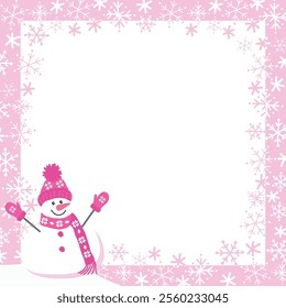 Winter Frame with Snowflakes, Cute Snowman. Beautiful Square Holiday Background. Christmas Greeting Card Template. Free Space for Your Text. Vector Illustration in Pink, White