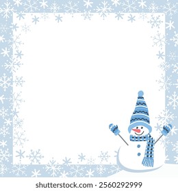 Winter Frame with Snowflakes, Cute Snowman in Winter Clothes. Beautiful Square Holiday Background. Christmas Greeting Card Template. Free Space for Your Text. Vector Illustration in Blue, White