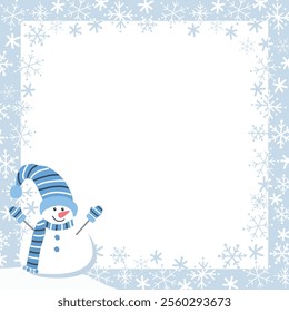 Winter Frame with Snowflakes, Cute Snowman in Winter Clothes. Beautiful Square Holiday Background. Christmas Greeting Card Template. Free Space for Your Text. Vector Illustration in Blue, White