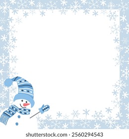 Winter Frame with Snowflakes, Cute Snowman in Winter Clothes. Beautiful Square Holiday Background. Christmas Greeting Card Template. Free Space for Your Text. Vector Illustration in Blue, White