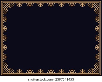 Winter frame with snowflakes in line art style. Vintage linear border in gold color in art deco style. Christmas frame design for greeting cards, invitations and flyers. Vector illustration