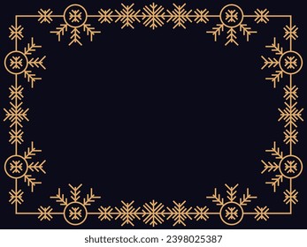 Marco invernal con copos de nieve en estilo de arte lineal. Borde lineal vintage de color dorado en estilo art deco. Diseño de marcos de Navidad para tarjetas de felicitación, invitaciones y volantes. Ilustración del vector