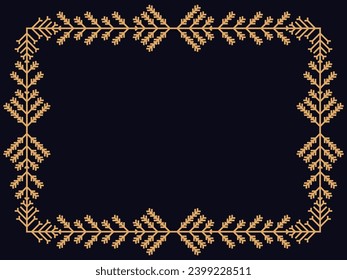 Winter frame with snowflakes in line art style. Vintage linear border in gold color in art deco style. Christmas frame design for greeting cards, invitations and flyers. Vector illustration
