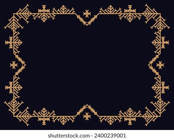 Winter frame with snowflakes in line art style. Vintage linear border in gold color in art deco style. Christmas frame design for greeting cards, invitations and flyers. Vector illustration