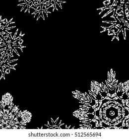 Winter frame with snowflakes on black background. Abstract Christmas background. Vector illustration.