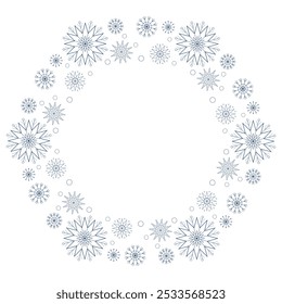 Winter frame of snowflakes with place for text. Many blue snowflakes on white background. Monochrome decorative design element. Mandala ornament vector illustration. Coloring page design.