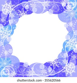 Winter frame with snowflakes and swirl pattern on white background.