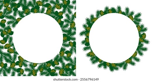 Winter frame templates. Christmas wreath decorated with golden pine cones. Vector illustration