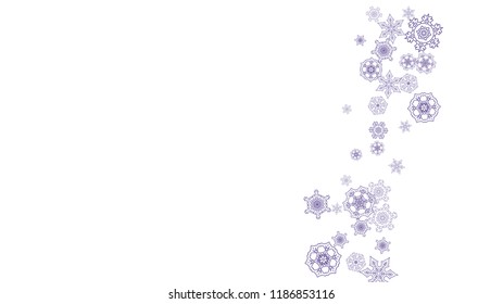 Winter frame with ultra violet snow. Snowflake border for gift coupons, vouchers, ads, party events. Christmas background with winter frame for holiday banner. New Year frosty backdrop