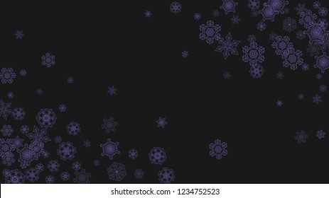 Winter frame with ultra violet snow. Snowflake border for gift coupons, vouchers, ads, party events. Christmas background with winter frame for holiday banner. New Year snowy backdrop