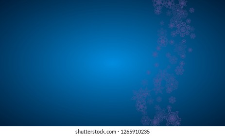 Winter frame with ultra violet snow. Snowflake border for flyer, gift card, party invite, retail offer and ad. Christmas background with winter frame for holiday banner. New Year snowy backdrop