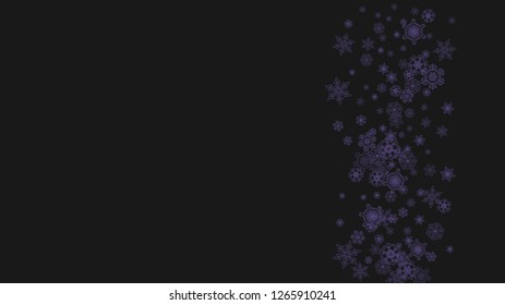 Winter frame with ultra violet snow. Snowflake border for gift coupons, vouchers, ads, party events. Christmas background with winter frame for holiday banner. New Year frosty backdrop