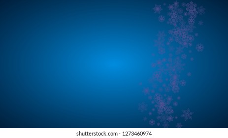 Winter frame with ultra violet snow. Snowflake border for flyer, gift card, party invite, retail offer and ad. Christmas background with winter frame for holiday banner. New Year snowy backdrop