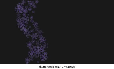 Winter frame with ultra violet snow. Snowflake border for gift coupons, vouchers, ads, party events. Christmas background with winter frame for holiday banner. New Year snowy backdrop