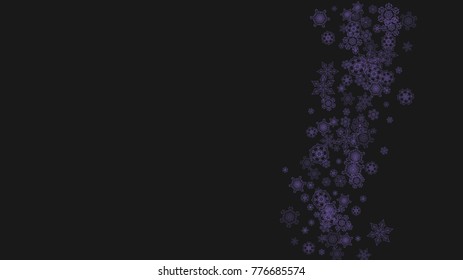 Winter frame with ultra violet snow. Snowflake border for flyer, gift card, invitation, business offer and ad. Christmas background with winter frame for holiday banner. New Year frosty backdrop