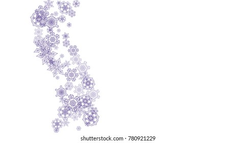 Winter frame with ultra violet snow. Snowflake border for gift coupons, vouchers, ads, party events. Christmas background with winter frame for holiday banner. New Year frosty backdrop