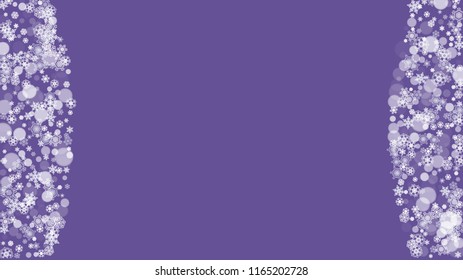 Winter frame with ultra violet snowflakes. New Year backdrop. Snow border for flyer, gift card, party invite, retail offer and ad. Christmas trendy background. Holiday snowy banner with winter frame
