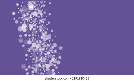 Winter frame with ultra violet snowflakes. New Year backdrop. Snow border for flyer, gift card, invitation, business offer and ad. Christmas trendy background. Holiday frosty banner with winter frame