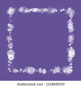 Winter frame with ultra violet snowflakes. New Year snowy backdrop. Snow border for flyer, gift card, party invite, retail offer and ad. Christmas trendy background. Holiday banner with winter frame
