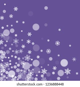 Winter frame with ultra violet snowflakes. New Year frosty backdrop. Snow border for flyer, gift card, party invite, retail offer and ad. Christmas trendy background. Holiday banner with winter frame