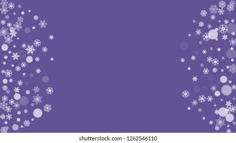 Winter frame with ultra violet snowflakes. New Year backdrop. Snow border for flyer, gift card, invitation, business offer and ad. Christmas trendy background. Holiday frosty banner with winter frame