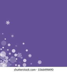 Winter frame with ultra violet snowflakes. New Year snowy backdrop. Snow border for gift coupons, vouchers, ads, party events. Christmas trendy background. Holiday banner with winter frame