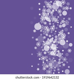 Winter frame with ultra violet snowflakes. New Year frosty backdrop. Snow border for gift coupons, vouchers, ads, party events. Christmas trendy background. Holiday banner with winter frame