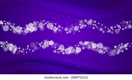 Winter frame with ultra violet snowflakes. New Year backdrop. Snow border for flyer, gift card, party invite, retail offer and ad. Christmas trendy background. Holiday snowy banner with winter frame