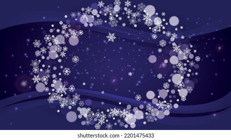 Winter frame with ultra violet snowflakes. New Year backdrop. Snow border for flyer, gift card, party invite, retail offer and ad. Christmas trendy background. Holiday snowy banner with winter frame