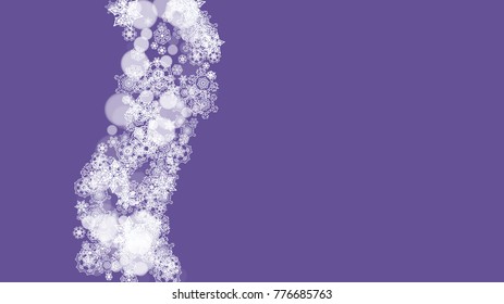 Winter frame with ultra violet snowflakes. New Year backdrop. Snow border for flyer, gift card, invitation, business offer and ad. Christmas trendy background. Holiday frosty banner with winter frame