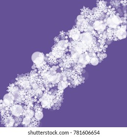 Winter frame with ultra violet snowflakes. New Year frosty backdrop. Snow border for flyer, gift card, invitation, business offer and ad. Christmas trendy background. Holiday banner with winter frame