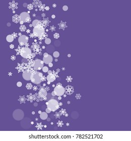 Winter frame with ultra violet snowflakes. New Year snowy backdrop. Snow border for gift coupons, vouchers, ads, party events. Christmas trendy background. Holiday banner with winter frame