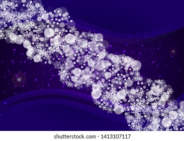Winter frame with ultraviolet snowflakes. New Year frosty backdrop. Snow border for gift coupons, vouchers, ads, party events. Christmas trendy background. Holiday banner with winter frame