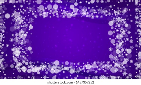 Winter frame with ultraviolet snowflakes. New Year backdrop. Snow border for flyer, gift card, invitation, business offer and ad. Christmas trendy background. Holiday frosty banner with winter frame