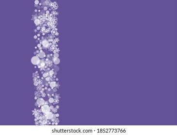 Winter frame with ultraviolet snowflakes. New Year frosty backdrop. Snow border for flyer, gift card, invitation, business offer and ad. Christmas trendy background. Holiday banner with winter frame