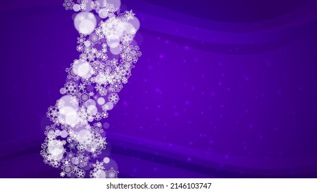 Winter frame with ultraviolet snowflakes. New Year backdrop. Snow border for gift coupons, vouchers, ads, party events. Christmas trendy background. Holiday snowy banner with winter frame
