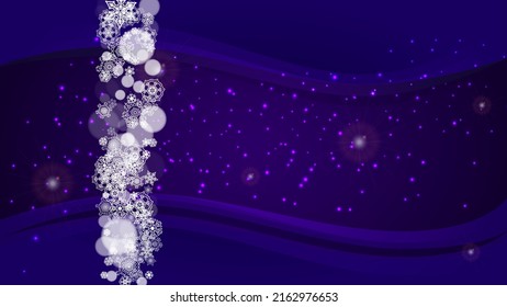 Winter frame with ultraviolet snowflakes. New Year backdrop. Snow border for gift coupons, vouchers, ads, party events. Christmas trendy background. Holiday frosty banner with winter frame