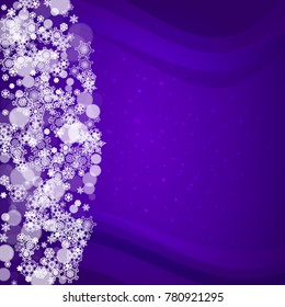 Winter frame with ultraviolet snowflakes. New Year frosty backdrop. Snow border for flyer, gift card, invitation, business offer and ad. Christmas trendy background. Holiday banner with winter frame