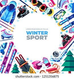 Winter frame with white background. Sports equipment, clothes and accessories design elements. Outdoor leisure activity stuff vector illustration. Banner or poster modern flat design.