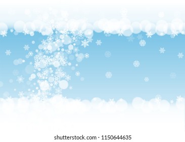 Winter frame with white snowflakes for Christmas and New Year celebration. Horizontal winter frame on blue background for banners, gift coupons, vouchers, ads, party events. Falling frosty snow.