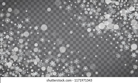 Winter frame with white snowflakes for Christmas and New Year celebration. Horizontal winter frame on transparent background  for banners, gift coupons, vouchers, ads, party events. Falling snow