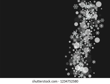 Winter frame with white snowflakes for Christmas and New Year celebration. Horizontal winter frame on black background for banners, gift coupons, vouchers, ads, party events. Falling frosty snow.