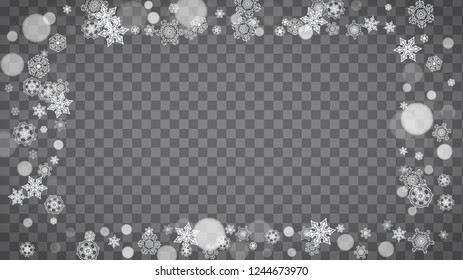Winter frame with white snowflakes for Christmas and New Year celebration. Horizontal winter frame on transparent background  for banners, gift coupons, vouchers, ads, party events. Falling snow