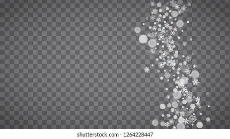 Winter frame with white snowflakes for Christmas and New Year celebration. Horizontal winter frame on transparent background  for banners, gift coupons, vouchers, ads, party events. Falling snow