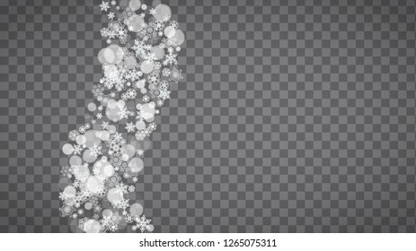 Winter frame with white snowflakes for Christmas and New Year celebration. Horizontal winter frame on transparent background  for banners, gift coupons, vouchers, ads, party events. Falling snow