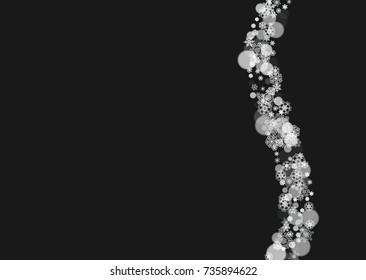 Winter frame with white snowflakes for Christmas and New Year celebration. Horizontal winter frame on black background for banners, gift coupons, vouchers, ads, party events. Falling frosty snow.
